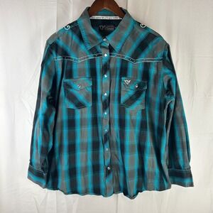 Cowgirl Hardware Western Snap Shirt Women 1X Turquoise Plaid Embroidered Back